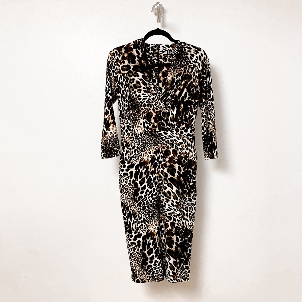 Single Surplice Leopard Print Fall Chic Long Sleeve Bodycon Midi Dress Medium